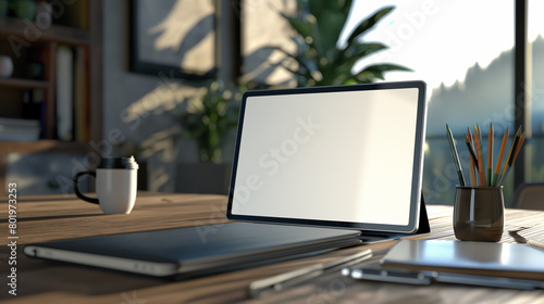 Tablet mock-up on a modern desk with office supplies © Garri