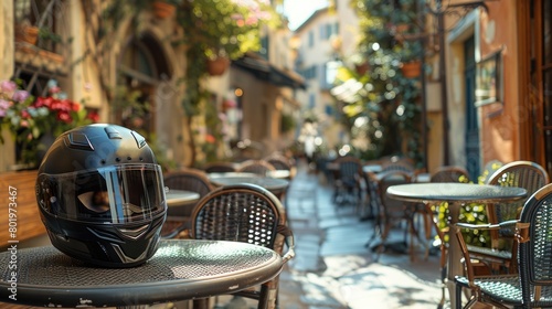 Helmet on a wooden table in a cafe photo