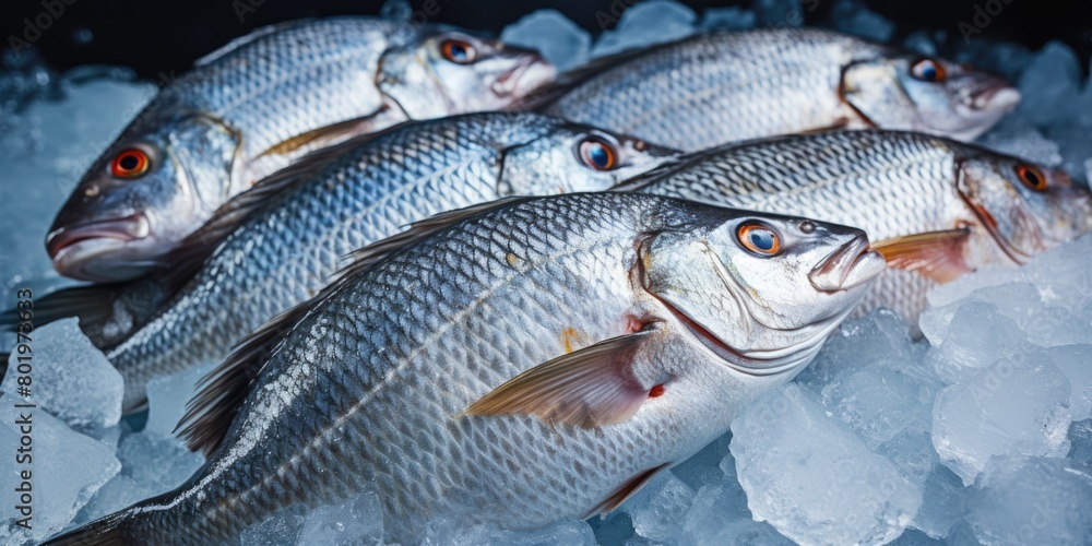 Fish positioned on top of a mound of ice. Fish positioned on top of a mound of ice.