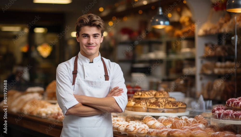 Man standing in front of a display of pastries Man standing in front of a display of pastries