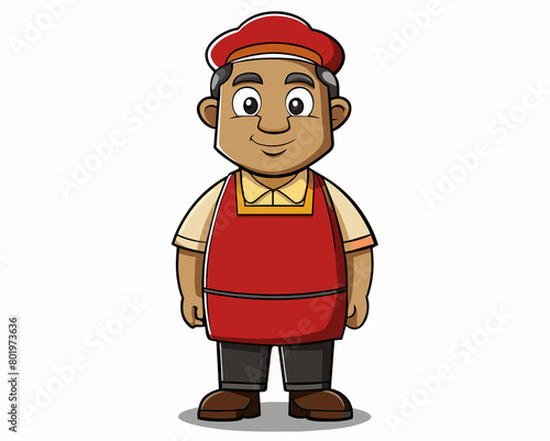 Cartoon illustration of a man in red uniform, hat, and apron gesturing