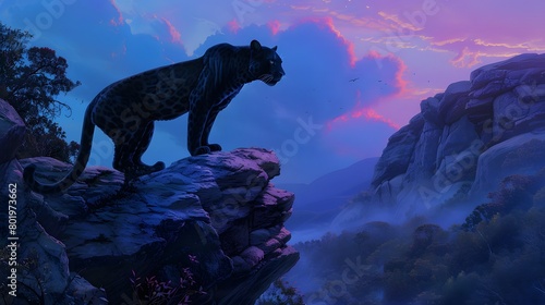 A svelte panther perched gracefully atop a rocky outcrop at dusk, 4k wallpaper photo