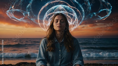 Mindfulness Practice: Young Woman Meditating Amidst Cosmic Waves