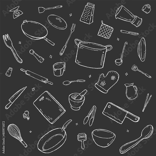 Kitchenware Utensil Doodle Chef Equipment White Vector Bundle © Krip