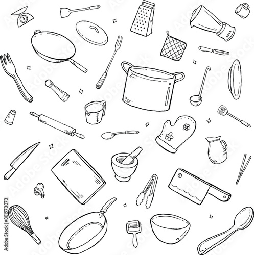 Kitchenware Utensil Doodle Chef Equipment Black Vector Bundle © Krip