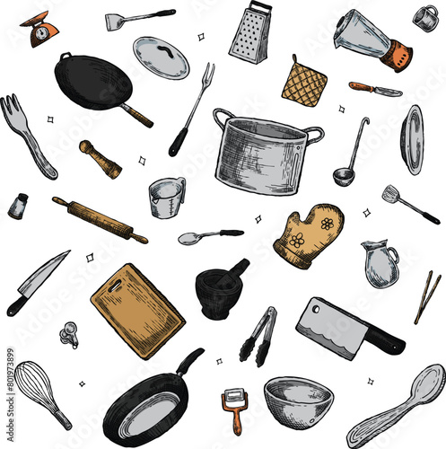 Kitchenware Utensil Doodle Chef Equipment Colored Strokes Shaded Vector Bundle © Krip