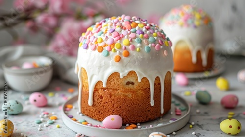 Bundt cake with white icing and sprinkles