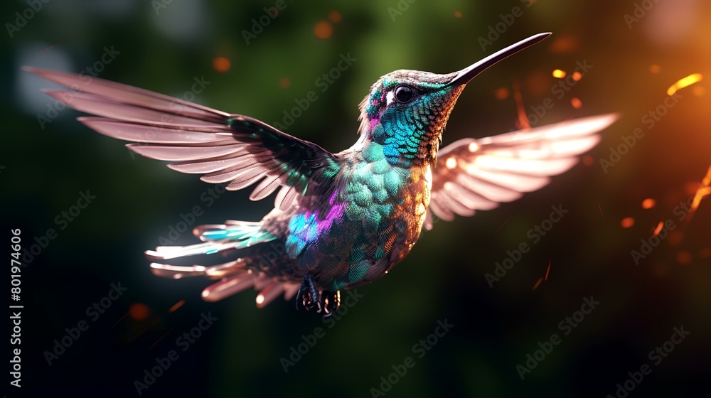 Fototapeta premium Hummingbird flying in the night sky. Wildlife scene from tropic jungle.