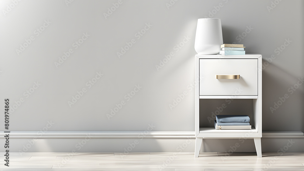 A white nightstand with a lamp on top and a stack of books on the nightstand A white nightstand with a lamp on top and a stack of books on the nightstand
