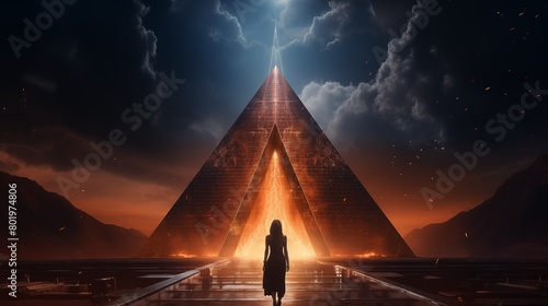 View from the back  egyptian woman queen standing inside the Pyramid. Fantasy background.