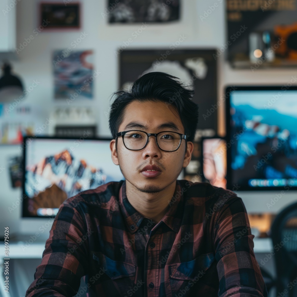 Fototapeta premium An Asian graphic designer in a modern office, computer screens and design paraphernalia blurred behind.