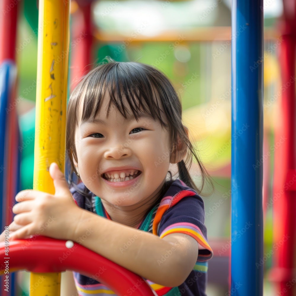 An Asian child in a playground, the colorful equipment blurred behind her joyful smile. An Asian child in a playground, the colorful equipment blurred behind her joyful smile.
