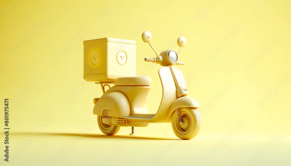 A 3D-rendered image of a charming, yellow scooter. The scooter has a sleek design with rounded edges and is equipped with a delivery box A 3D-rendered image of a charming, yellow scooter. The scooter has a sleek design with rounded edges and is equipped with a delivery box