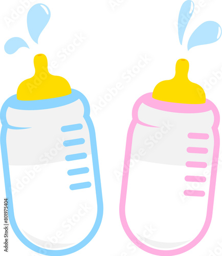 Baby bottles. Milk bottles for babies and toddlers, baby girls and boys. Vector illustration