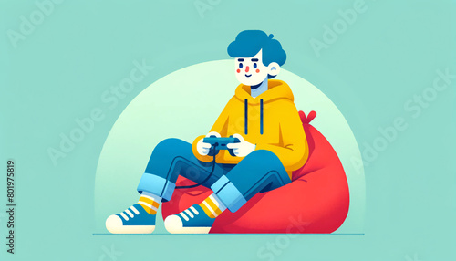A character with a youthful appearance, sitting comfortably on a big red beanbag. The character is dressed in a bright yellow hoodi photo