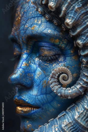 Mystical Blue Painted Face with Golden Accents and Seashell Decor
