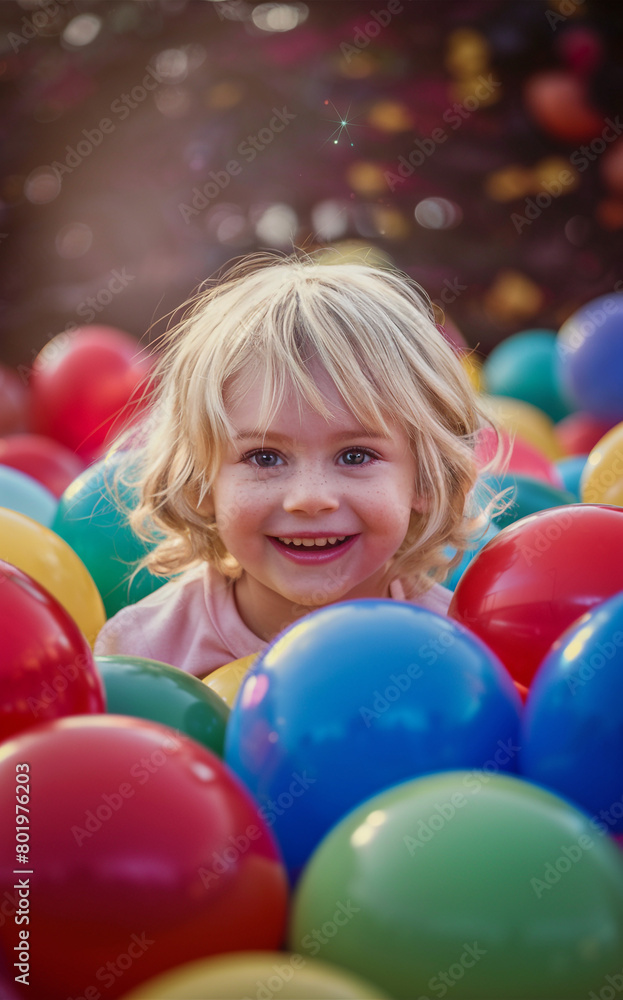 Obraz premium Witness a cheerful child's excitement as they play with vibrant balloons. 