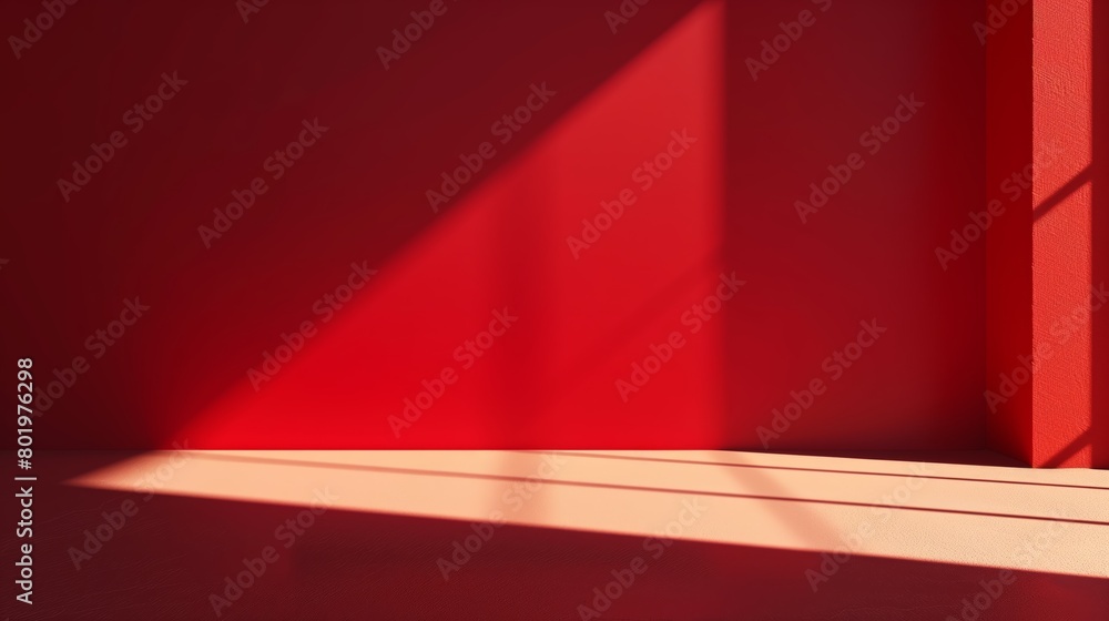 The image of red room with light and shadows from the window on its wall and floor. The scene for product presentation.	
