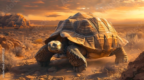 A wise old tortoise ambling slowly across a desert landscape, photo