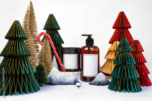 dark jar with lid and dispenser on the background of Christmas decorations, side view