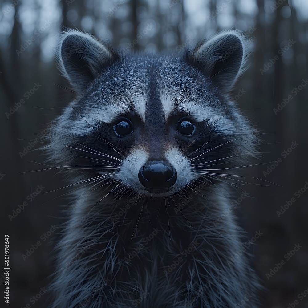 An intimate portrait of a raccoon, its curious eyes and masked face sharply detailed against a blurred forest night. 