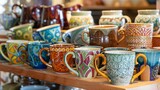 A collection of intricate and unique drinkware can be seen on the counter ranging from delicate teacups to oversized mugs with whimsical designs.