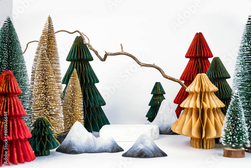 Christmas-themed desktop photo zone on a white background, side view