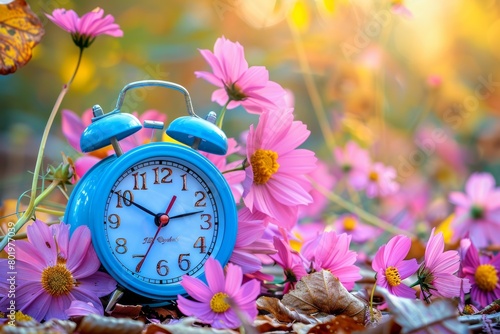 Summer to fall transition alarm clock with flowers and autumn leaves as daylight saving time ends
