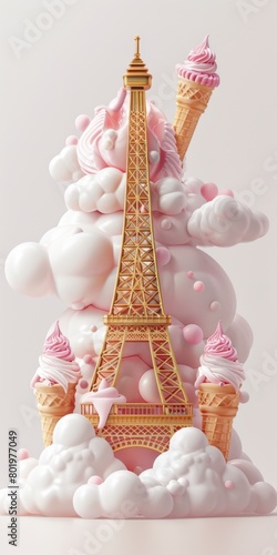 Dreamy Parisian Fantasy with Eiffel Tower, Pink Clouds, and Ice Cream Cones © Friedbert
