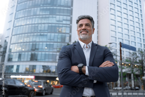 Smiling confident latin hispanic mature business man standing crossed arms on busy city street. Proud portrait of older senior businessman professional ceo, coach, leader looking aside near office