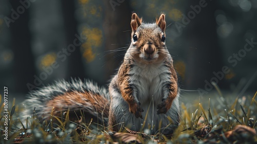 A squirrel on the ground, in front of it is grass and tree trunks, its tail raised high, its eyes focused on the camera, dark background, wideangle lens, natural light, brown fur, chubby body shape photo