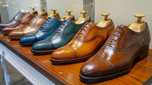 Finished bespoke shoes lined up on display showcasing the unique designs and craftsmanship of each pair.