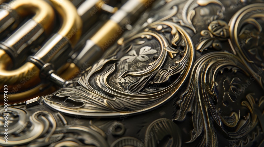 Detailed view of the embossed design on a French horn bell Detailed view of the embossed design on a French horn bell