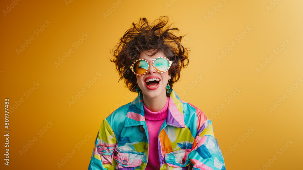 Very happy woman wearing colorful clothes and big glasses celebrating and smiling on a plain background Very happy woman wearing colorful clothes and big glasses celebrating and smiling on a plain background
