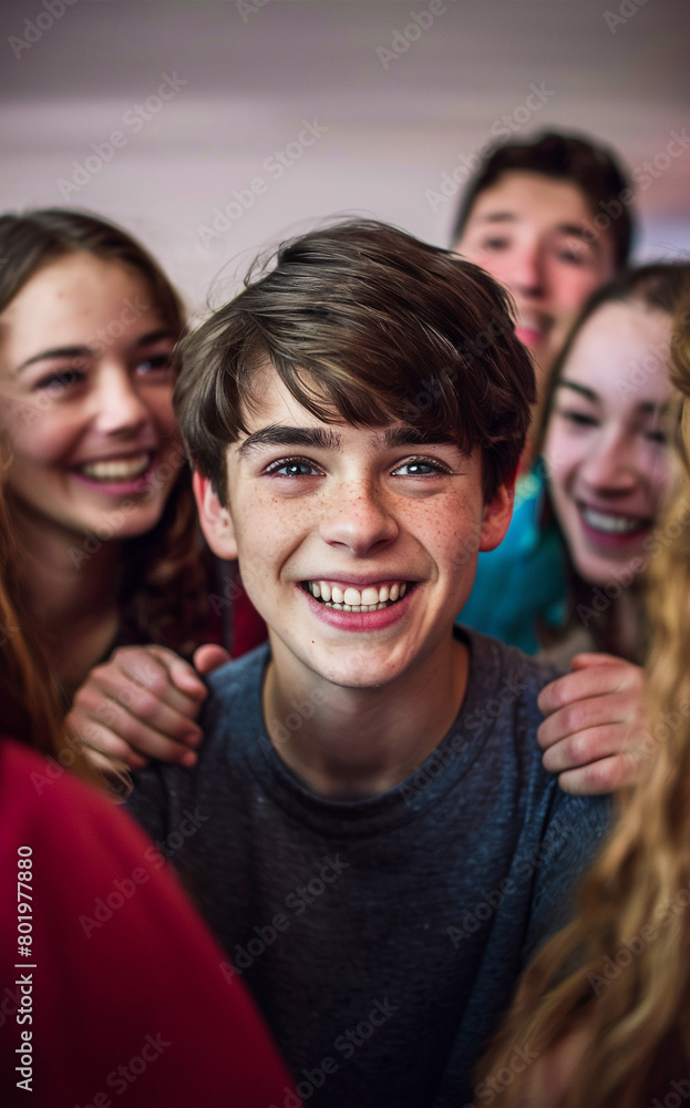 Fototapeta premium View a portrait capturing a teenager enjoying a laugh with friends. 