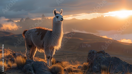 8K wallpaper of a llama standing on an Andean plateau at sunrise. Focus on the llama’s fur and eyes, with a blurred background of mountains and mist, captured in the warm morning light photo