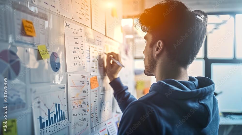 Focused Professional Analyzing Data on Wall Charts. Strategic Planning in Bright Office. Visual Project Management Techniques. Business Analysis Concept. AI Focused Professional Analyzing Data on Wall Charts. Strategic Planning in Bright Office. Visual Project Management Techniques. Business Analysis Concept. AI