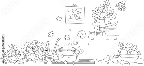 Funny little puppy and kitten tasting an appetizing soup with vegetables and spices cooking in a pan on a stove plate in a cozy kitchen decorated with summer flowers and pictures, vector cartoon