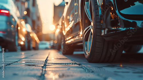 Car parked at outdoor parking lot. Used car for sale and rental service. Car insurance background. Automobile parking area. Car dealership and dealer agent concept. Automotive industry 