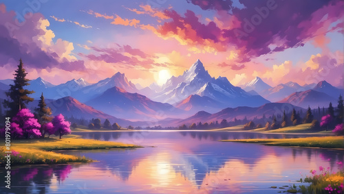Artistic concept of painting a beautiful landscape of wild nature, with flowery meadows in the background. Tender and dreamy design, background illustration photo