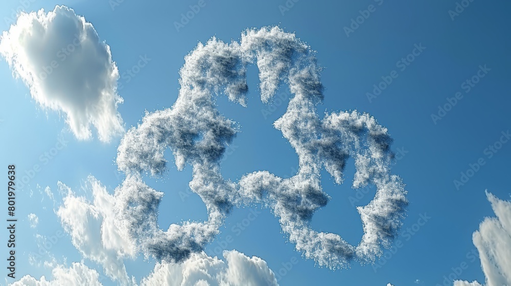 A e-shaped cloud cluster graces the blue sky, dotted with additional cloud forms A e-shaped cloud cluster graces the blue sky, dotted with additional cloud forms