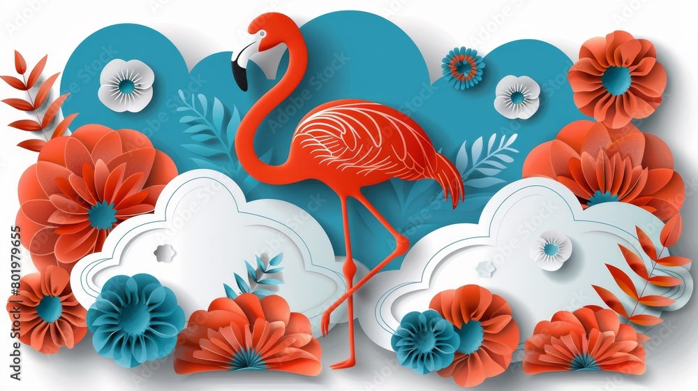 A pink flamingo in a red-white flower field, against a blue backdrop of sky and clouds A pink flamingo in a red-white flower field, against a blue backdrop of sky and clouds