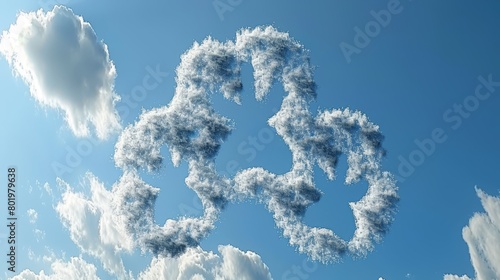   A e-shaped cloud cluster graces the blue sky, dotted with additional cloud forms photo