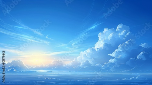   A painting of a blue sky dotted with white clouds, the sun positioned centrally above reflective water
