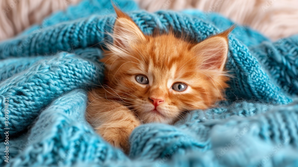 A small orange kitten lies on a bed, covered in a blue blanket, gazing sadly at the camera A small orange kitten lies on a bed, covered in a blue blanket, gazing sadly at the camera