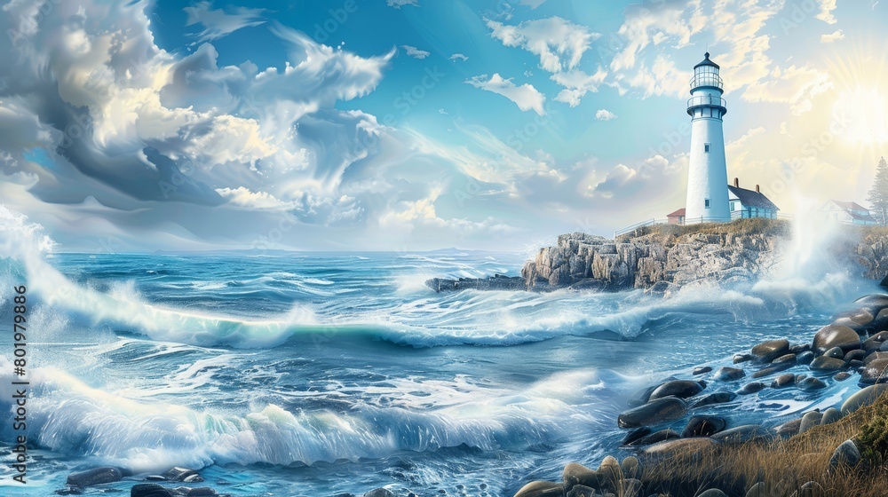   A lighthouse painted in the midst of a water body, waves relentlessly crashing against the shore, a distant lighthouse beacon glowing