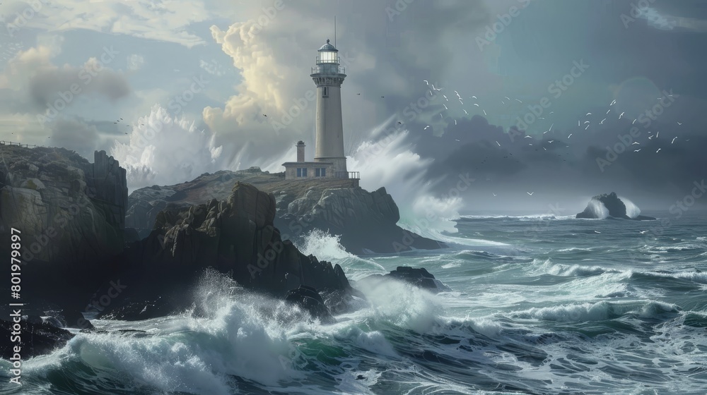   A lighthouse painted in the heart of a vast waterbody Waves relentlessly crash, birds fly overhead
