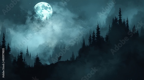   A man atop a forested hill  under the full moon s backdrop