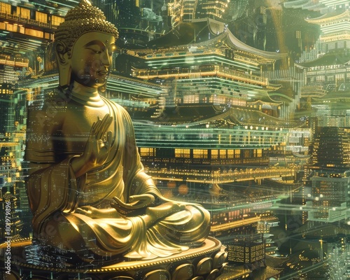 Zen Buddha statues line the streets of a cyberpunk city their calm an antidote to the surrounding digital matrix frenzy photo