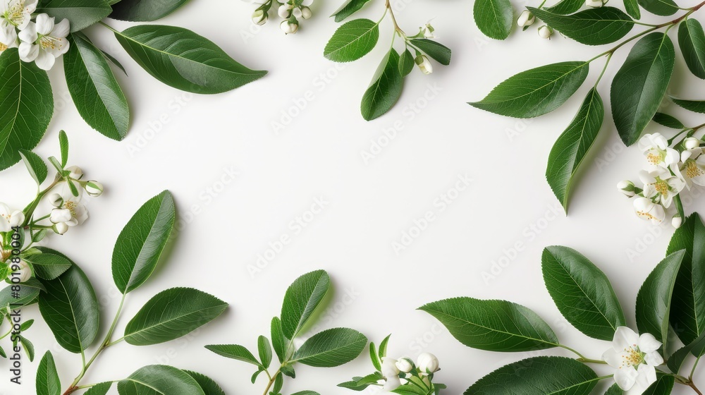   A pristine white backdrop showcases a vibrant cluster of green leaves and blossoming white flowers, ideal for text or image insertion